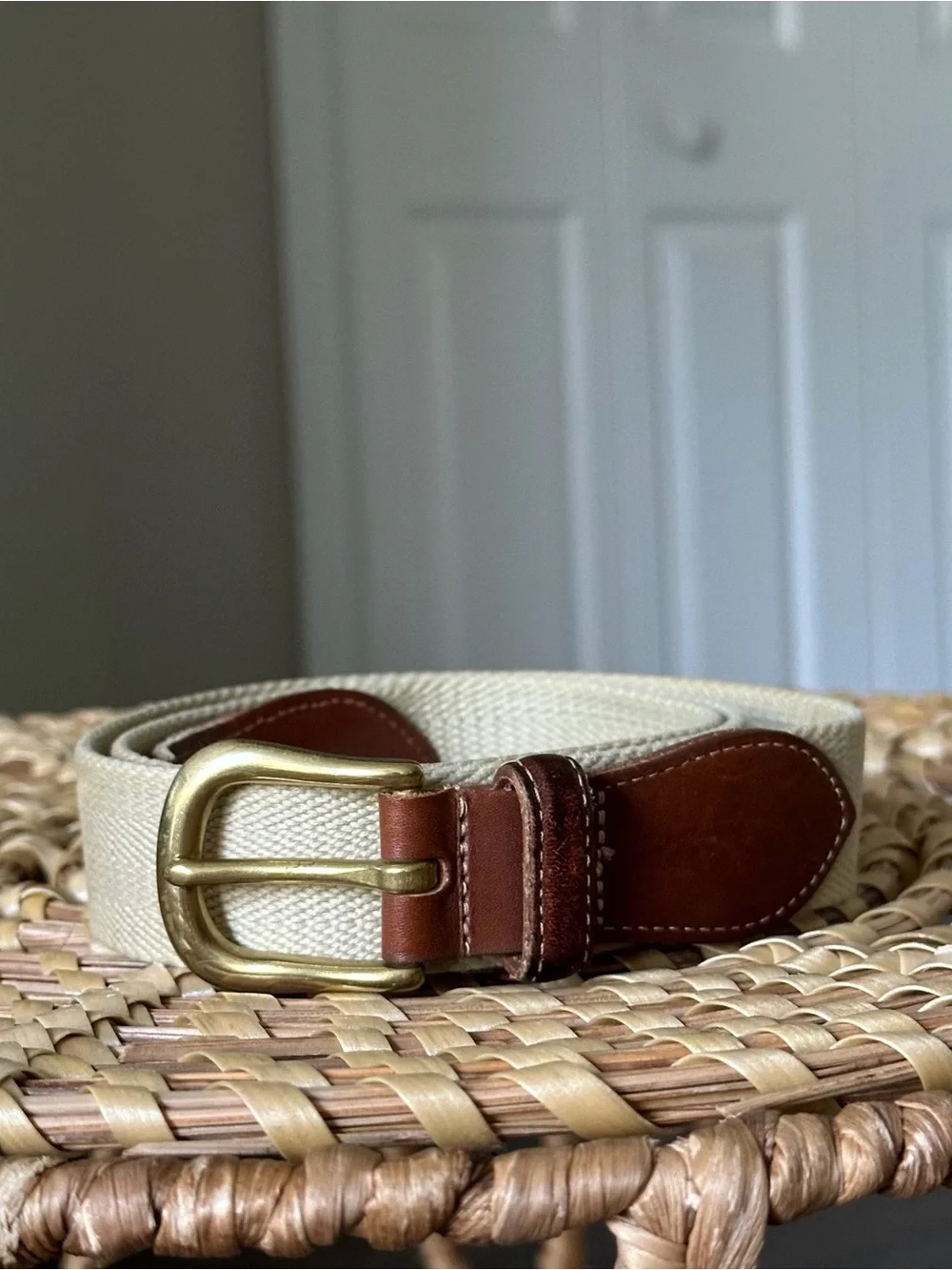 Vintage Coach Cream Canvas Belt with Brown Leather Accents and Brass Buckle